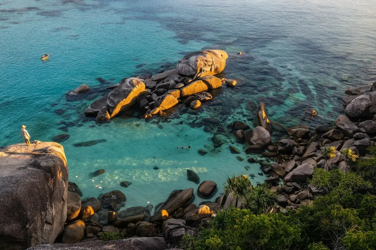 Aerial view of orange granite boulders with snorkelers in the turquoise water