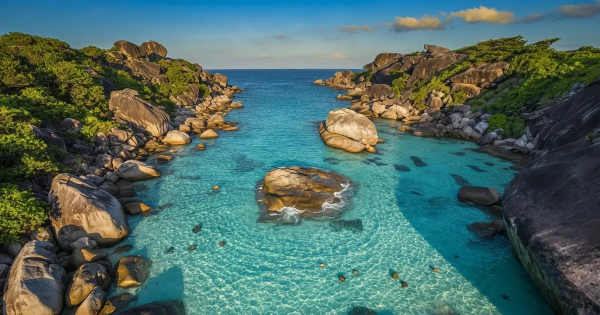 Aerial view of a turquoise channel between granite islets