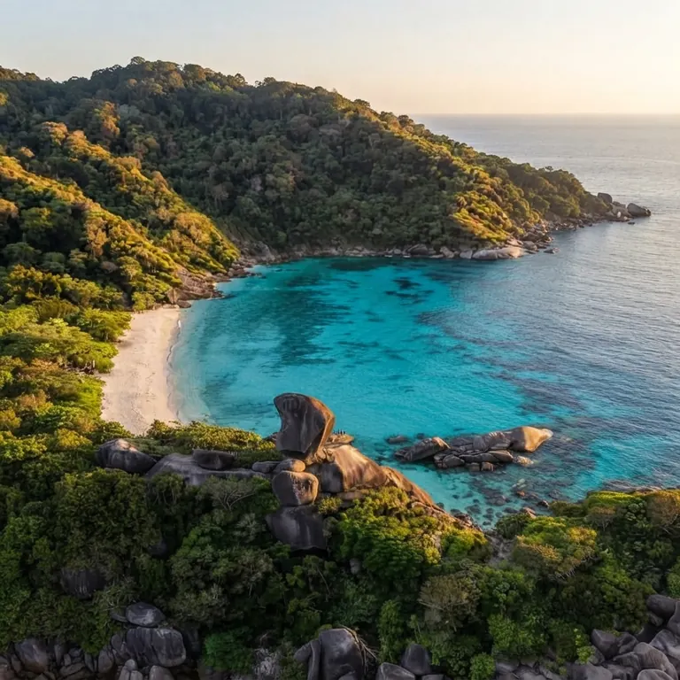 Aerial view of a white sand cove and the Sail Rock hill on Koh Similan