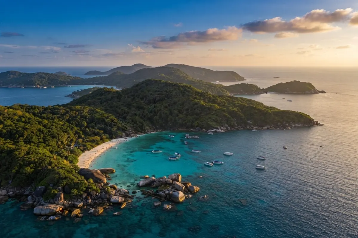 Aerial view of forested islands and a bay with boats at golden hour