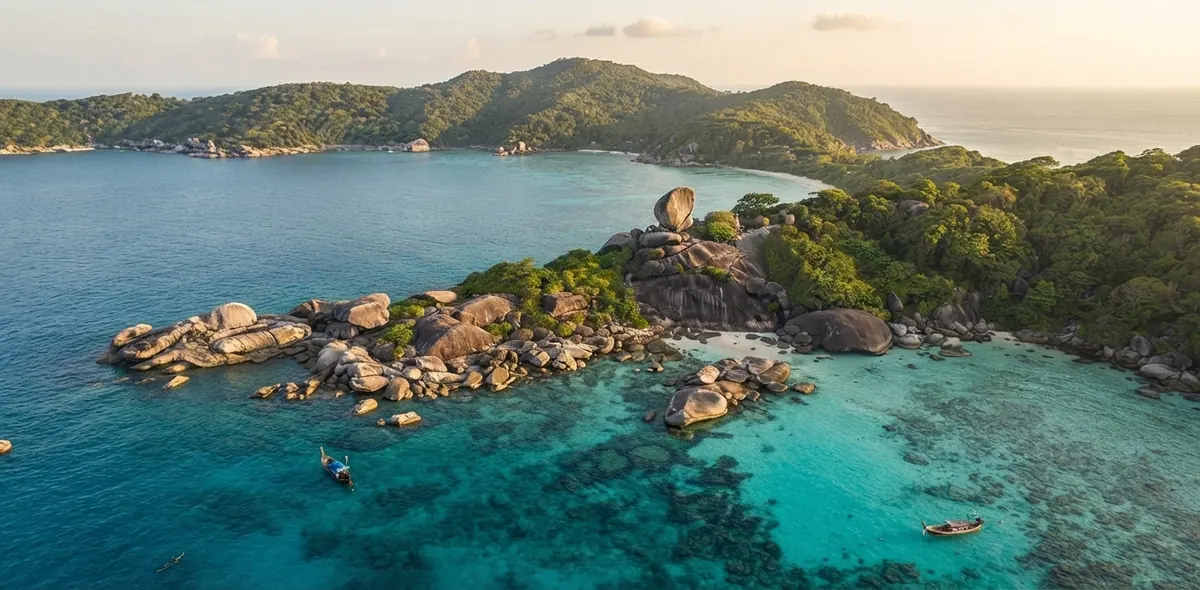 Aerial view of a granite spit and turquoise reef flats in the Similan Islands