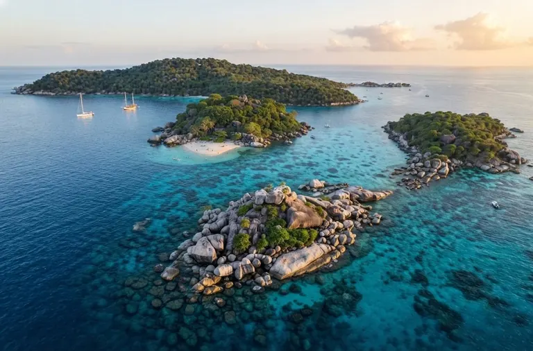 Aerial view of several small Similan islands with anchored yachts and reefs