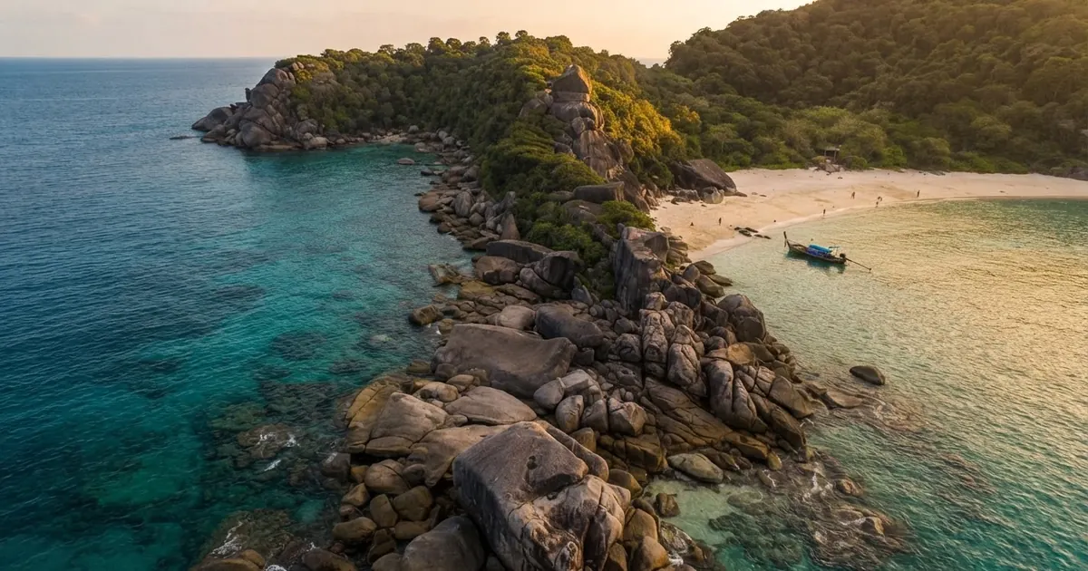 Aerial view of a rocky spit leading to a white beach with boats moored nearby