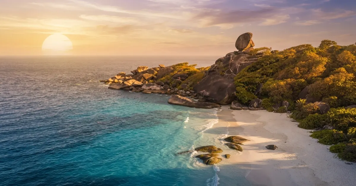 Aerial view at sunset of the Sail Rock headland and a white sand cove