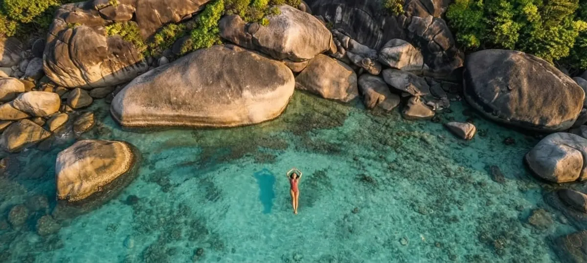 Aerial view of a swimmer floating among granite boulders in clear green water