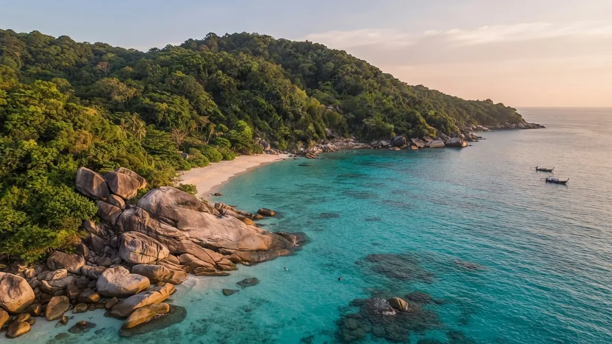 Aerial view of a turquoise cove with granite boulders and a small white beach