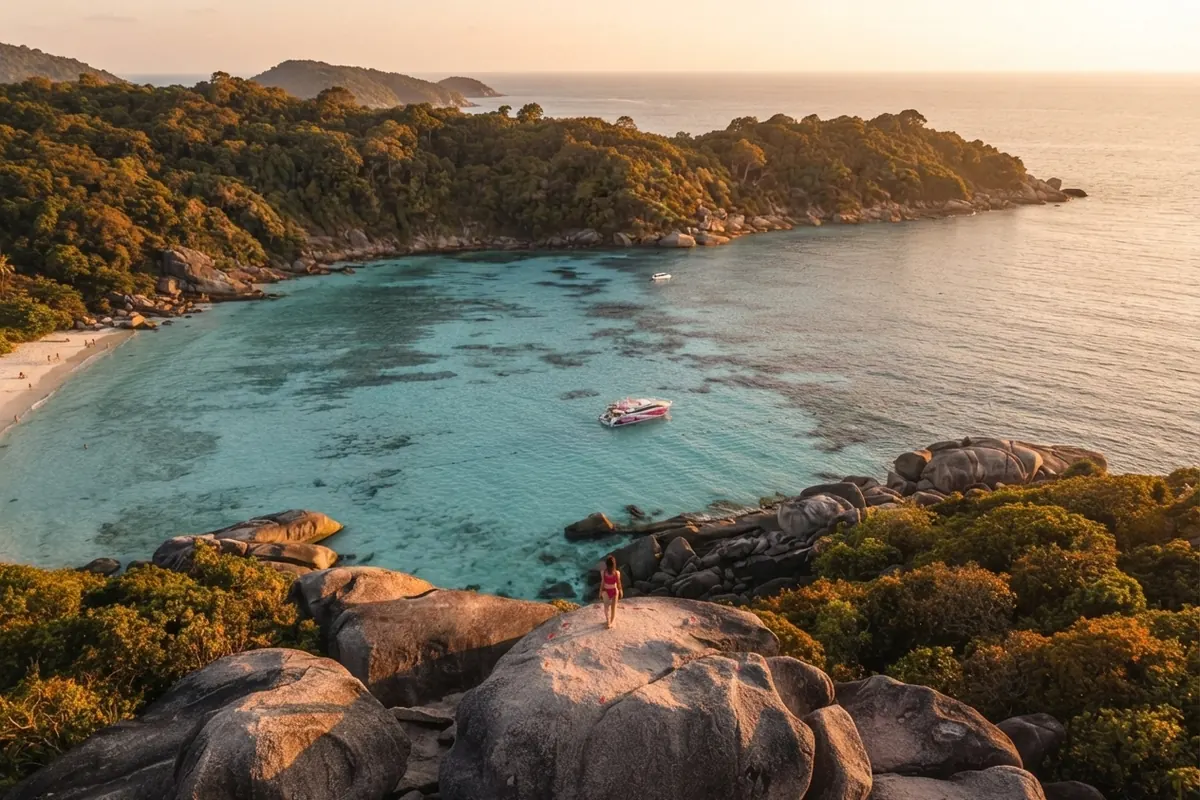 Bay with moored boats seen from a granite viewpoint at golden hour
