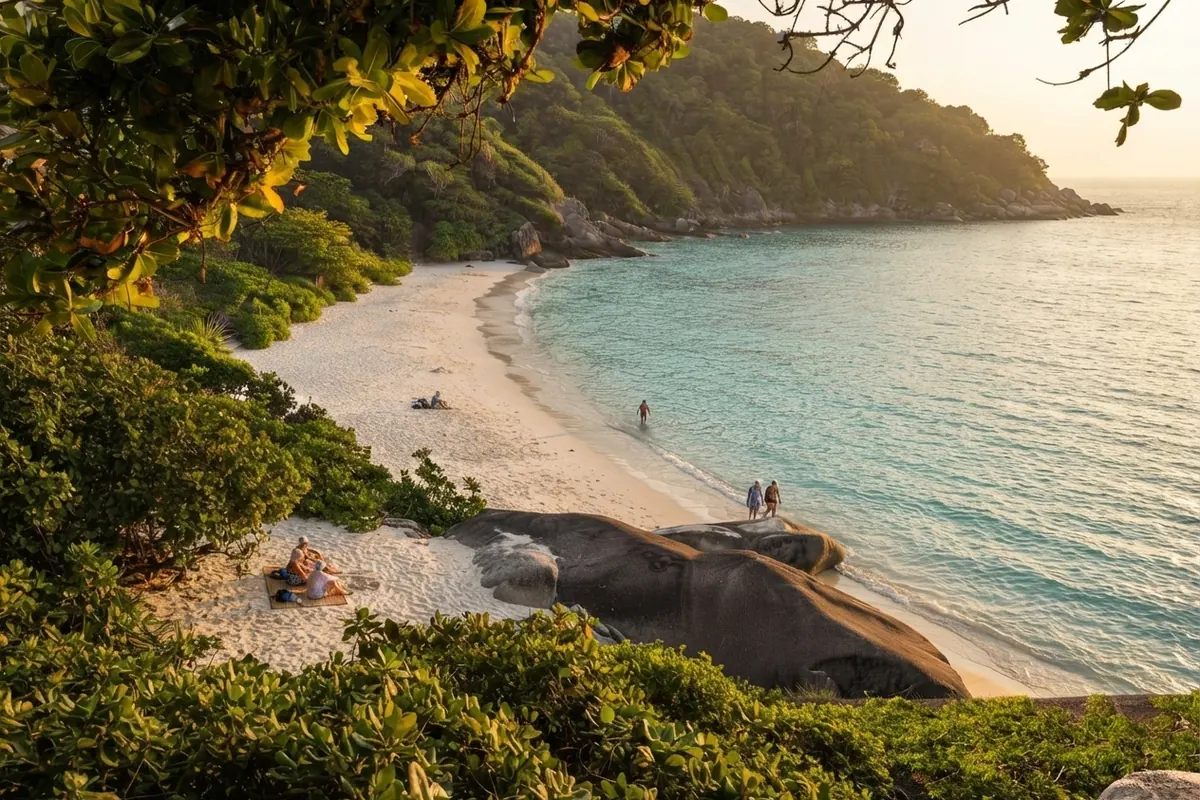 Visitors on a white sand beach framed by jungle trees and granite boulders