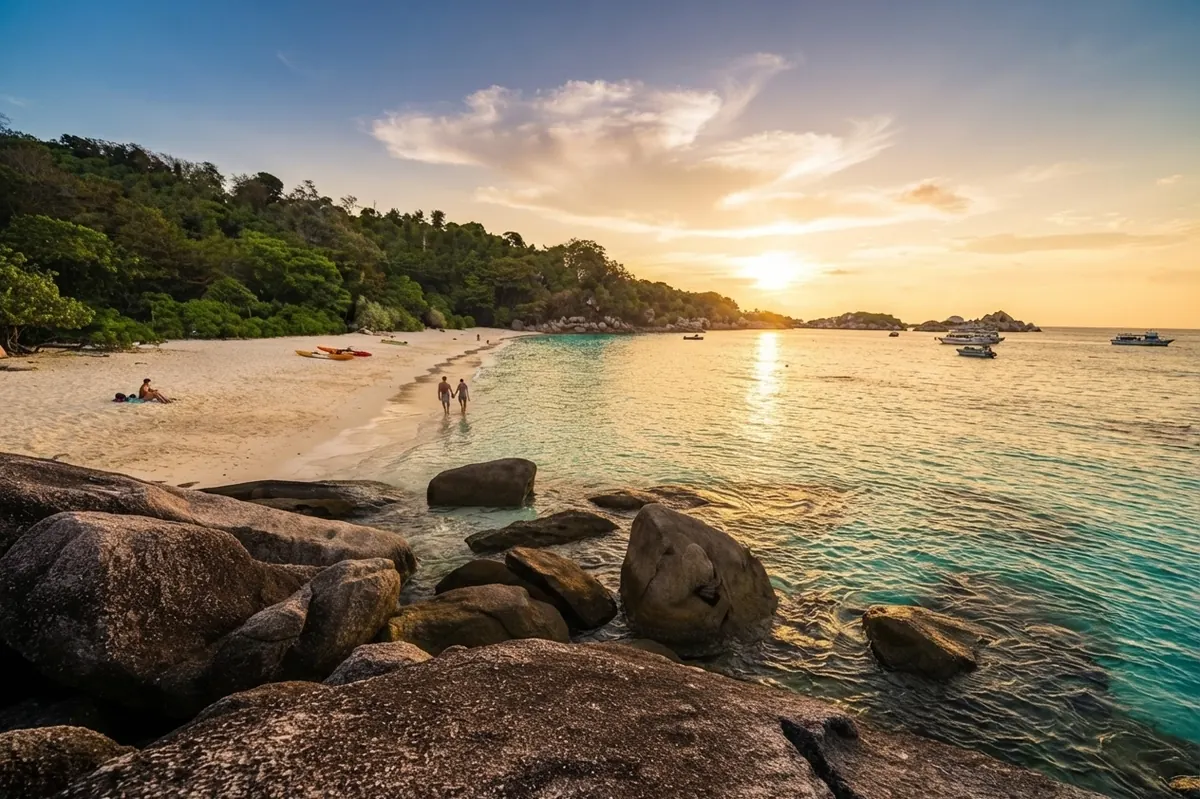 Beach at sunset with boulders in the foreground and people walking on the sand