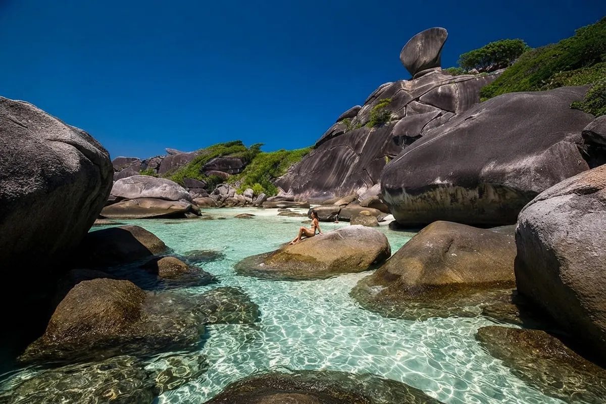 Granite boulders around a clear rock pool with Sail Rock in the background