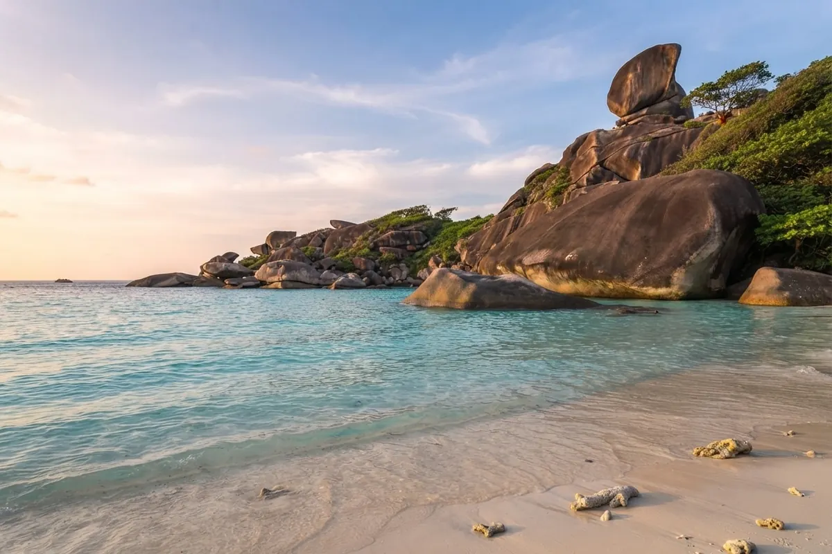 Granite boulders and Sail Rock above a pale sand beach with gentle waves