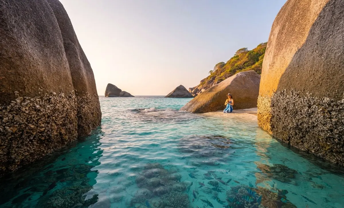 Clear water between two giant granite boulders with small islands on the horizon