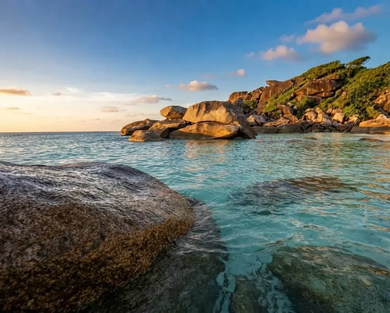 Clear water over granite boulders below a forested headland