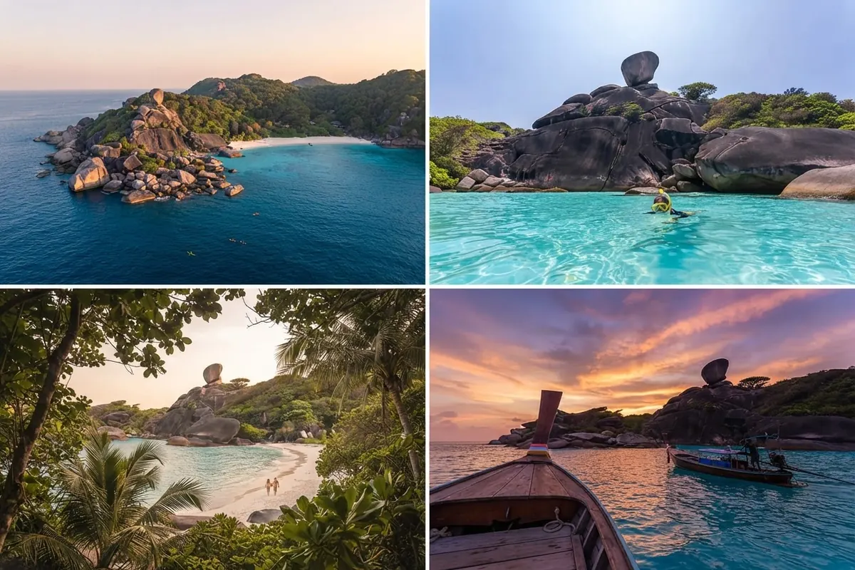 Collage of four Similan views: Sail Rock, a rocky islet, a beach through trees and longtail boats at sunset