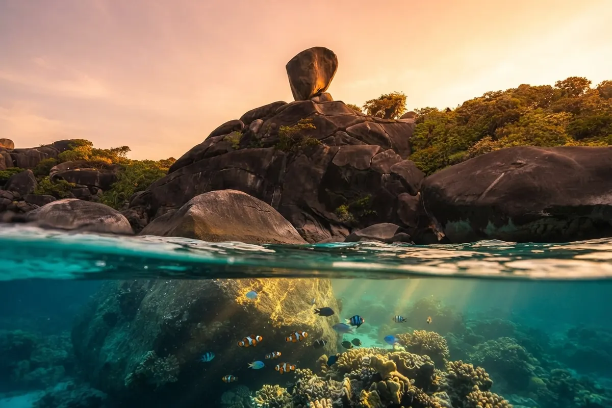 Split view at sunrise of coral and fish below the surface and Sail Rock above