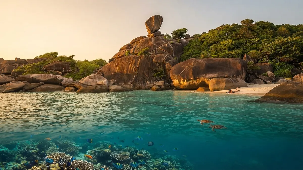 Split view of corals beneath the surface with Sail Rock above