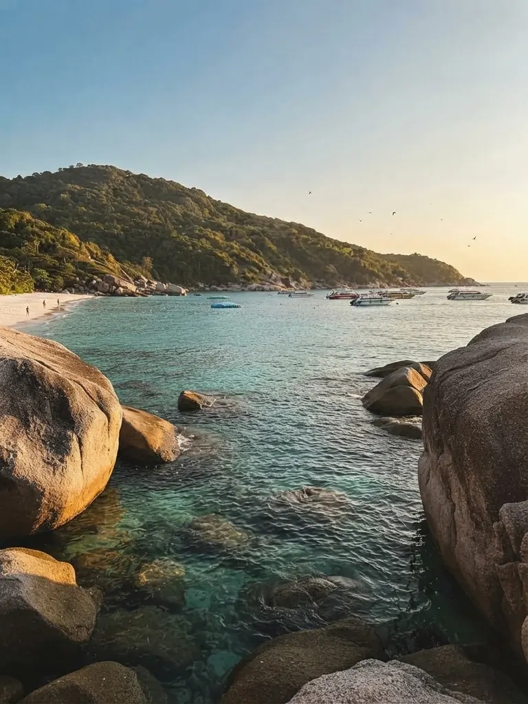 Granite boulders in the calm water of a small cove