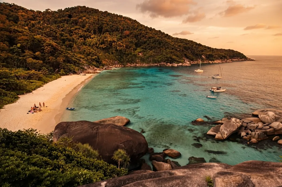 Curved white beach and turquoise bay with anchored boats seen from a jungle slope at sunset