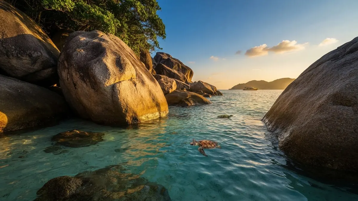 Golden granite boulders and clear water with a snorkeler near the rocks