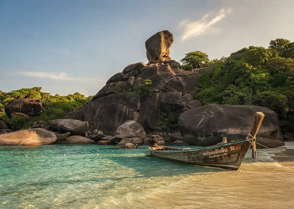 Longtail boat pulled up in clear shallow water below Sail Rock