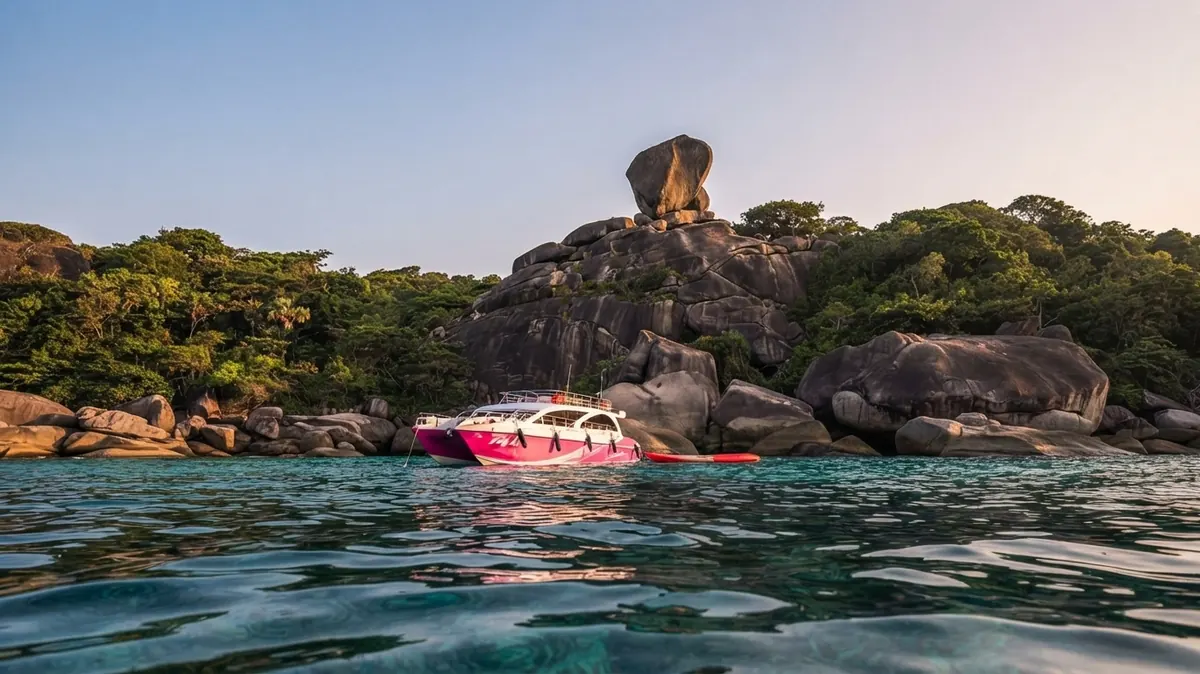 Pink speedboat at anchor below Sail Rock, seen from water level