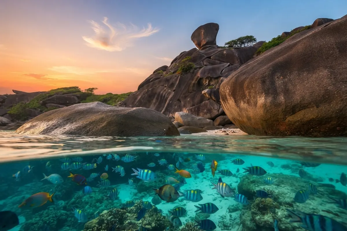 Split view of reef fish swirling below granite boulders and Sail Rock