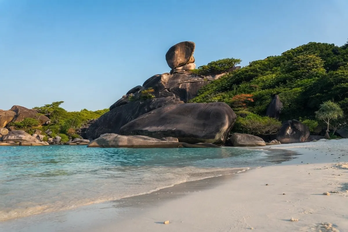 Sail Rock above a white beach and turquoise water under a clear blue sky