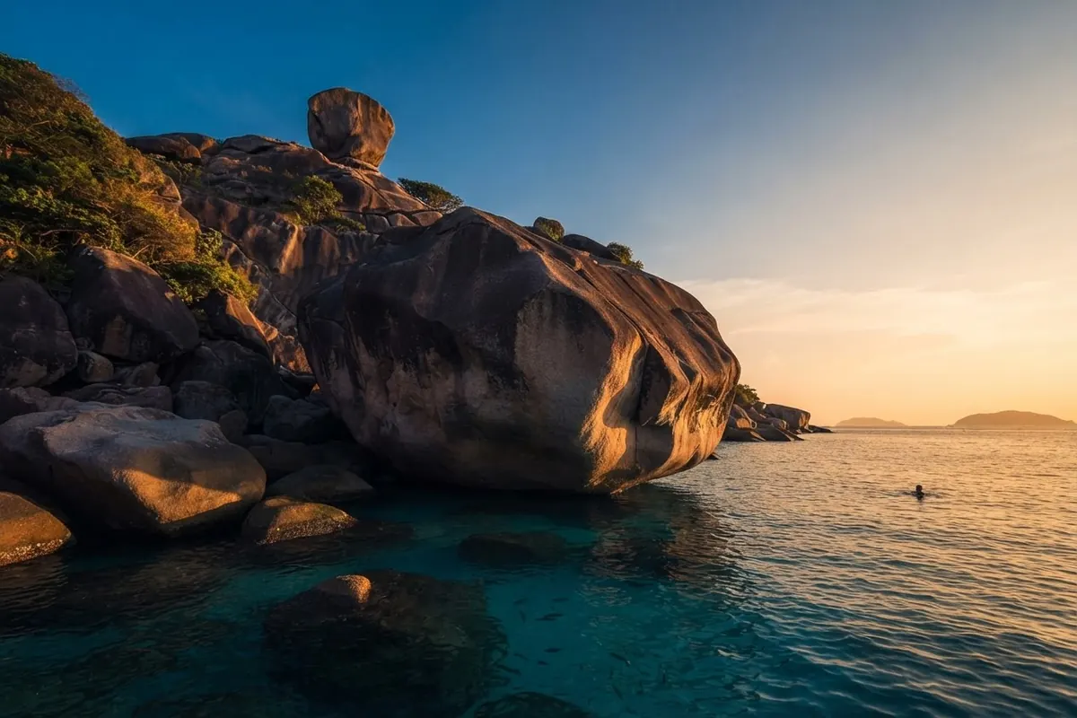 Sail Rock boulders at sunset with a swimmer in the water below