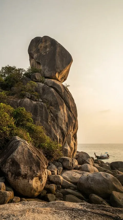 Close-up of the balanced Sail Rock boulder above the trees