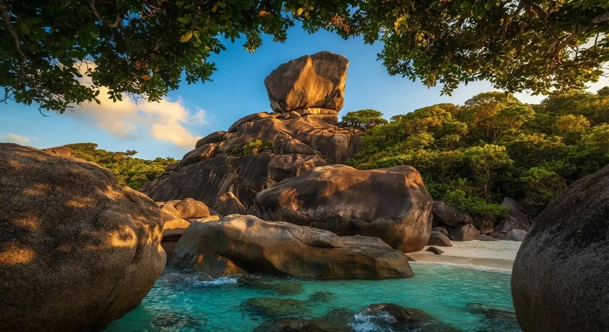 Sail Rock framed by tree branches and granite boulders