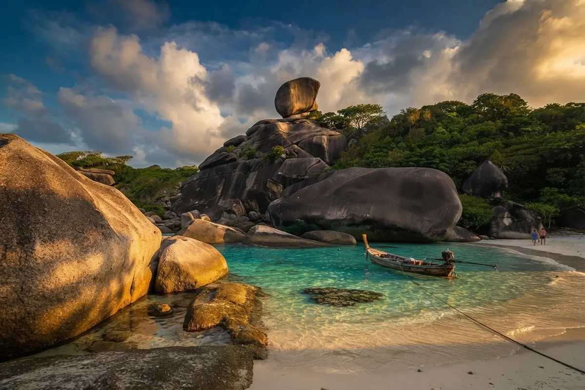Sail Rock framed by granite boulders with a longtail boat in the turquoise water