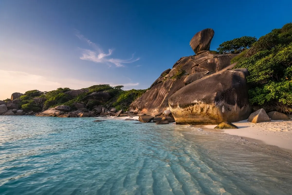 Sail Rock above a beach with rippled sand visible under clear water