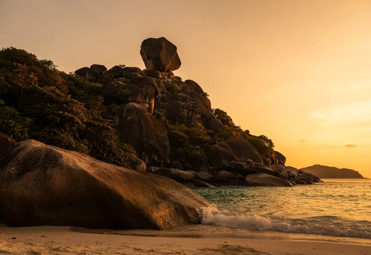Sail Rock and granite boulders silhouetted against a golden evening sky