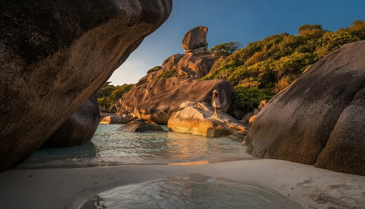 Sail Rock seen from a white sand beach under a huge granite boulder overhang