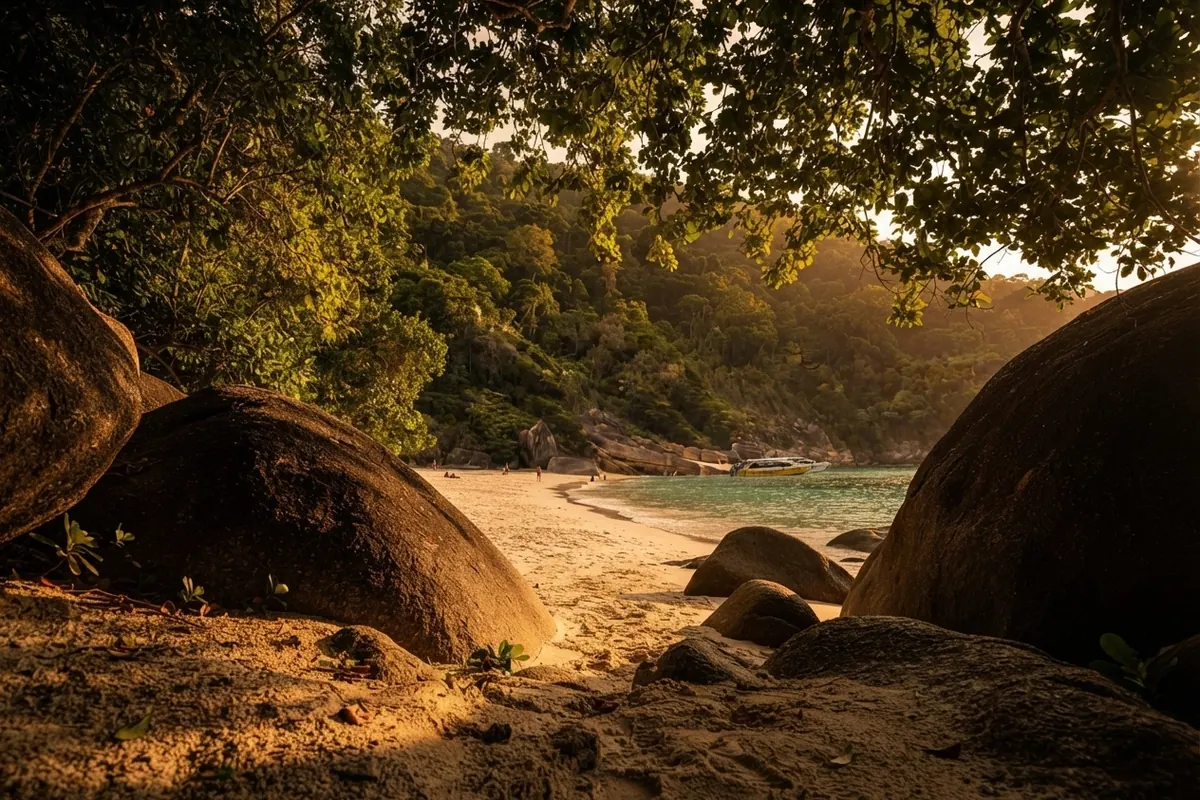 Shaded beach among huge granite boulders and tropical trees
