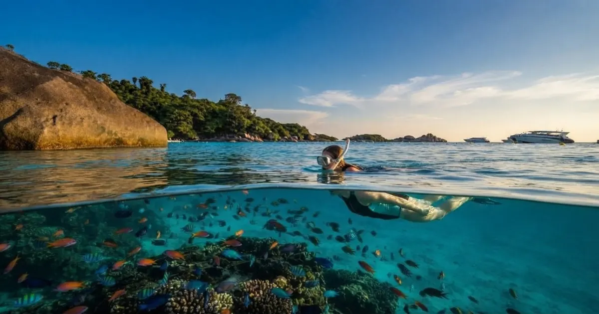 Split view of a snorkeler at the surface above a coral reef full of fish