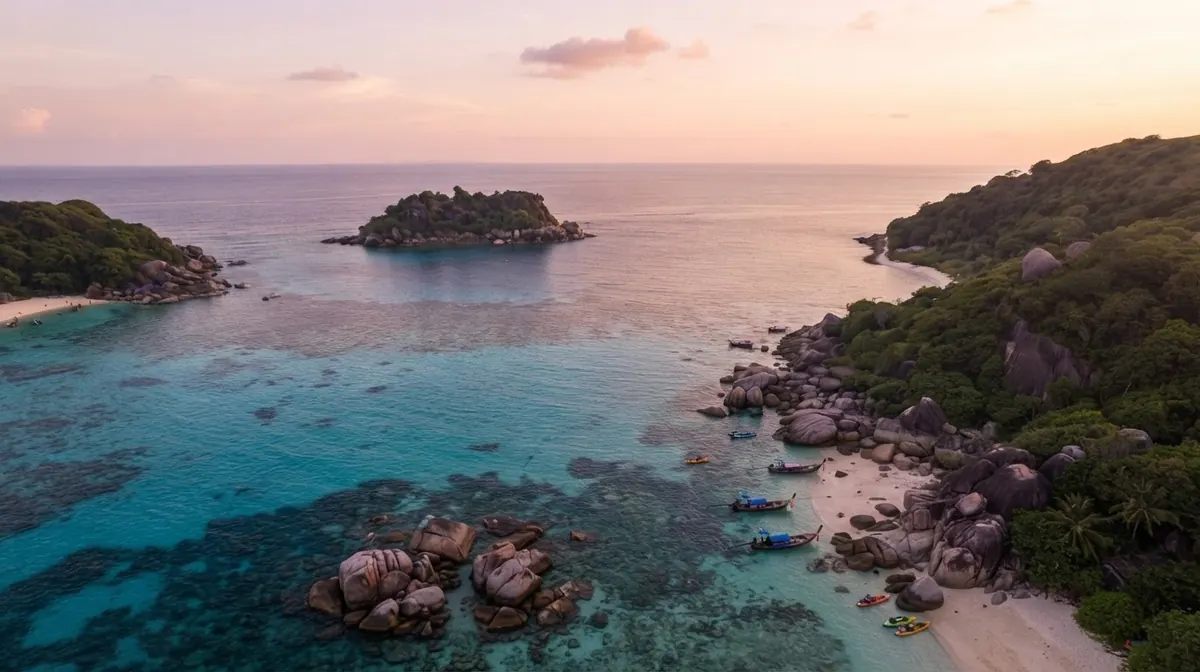 Sunset over a bay with small islets and shallow reef