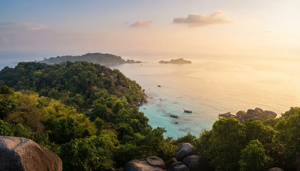 Sunset from a forested hilltop over Similan islands and a quiet bay