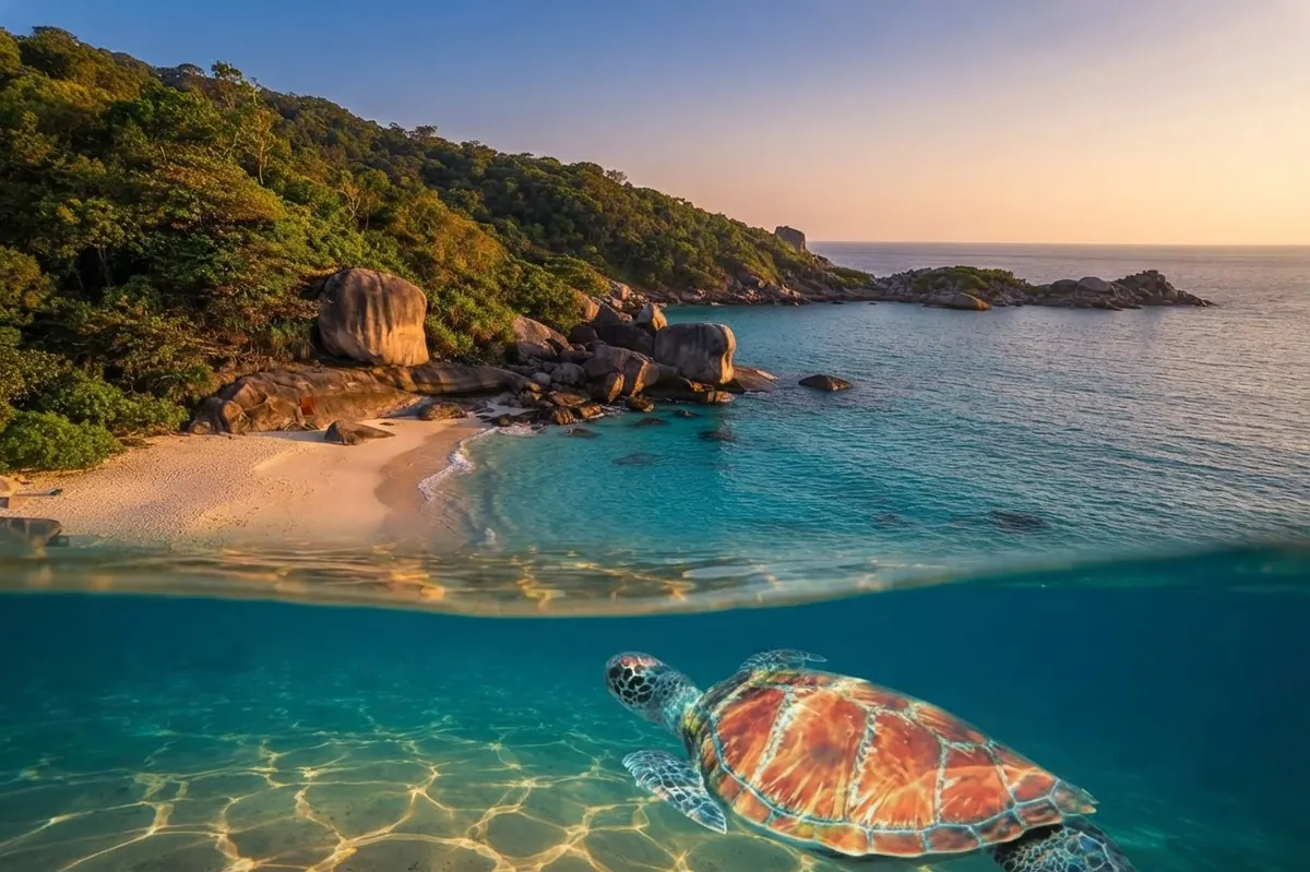 Split view of a sea turtle swimming over sand below a Similan beach and granite rocks