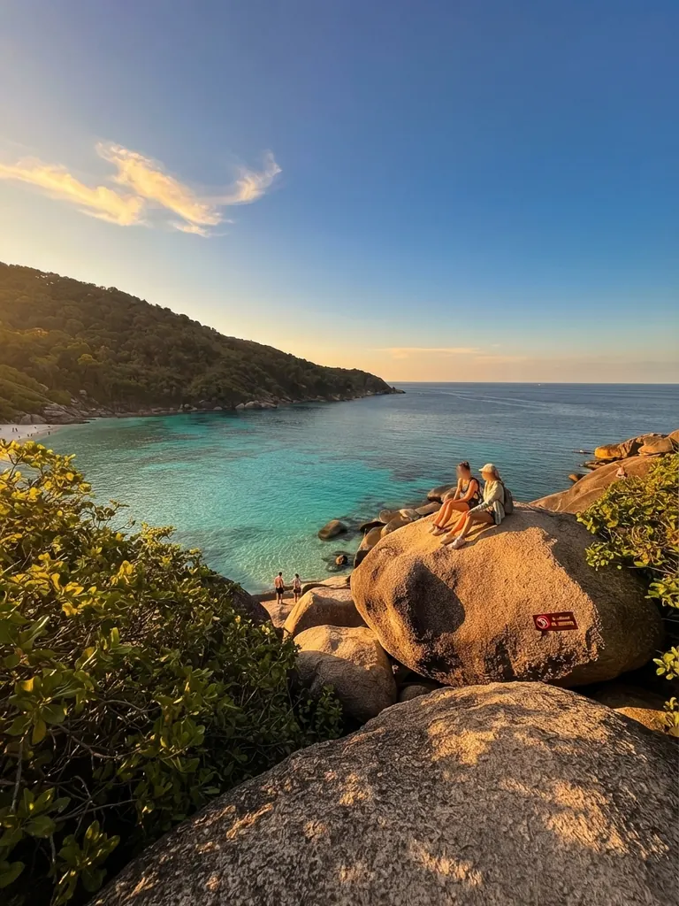 Visitors sitting on granite boulders above a turquoise bay at a Similan viewpoint