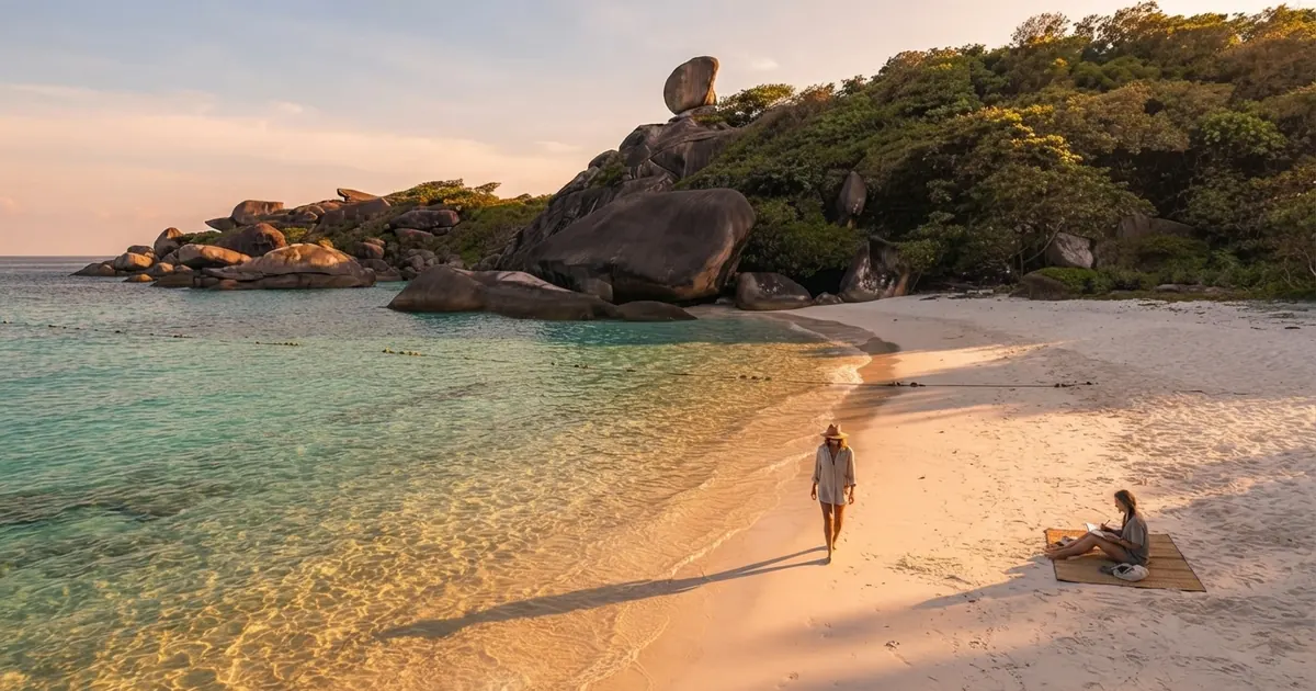 Woman walking along a white sand beach through the shallows near granite boulders